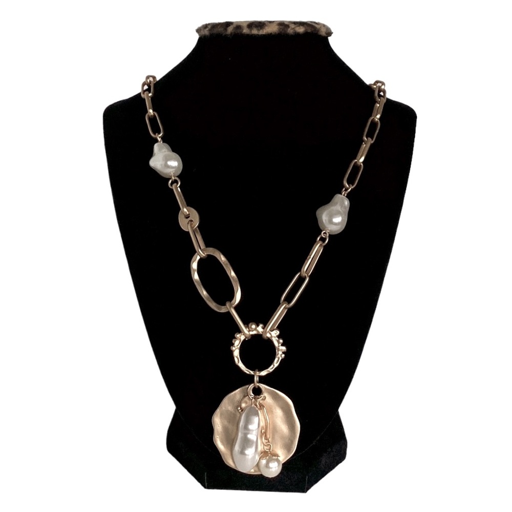 Natasha Paper Clip Link Faux Bauble Pearl Necklace Hammered Brushed Gold Tone
